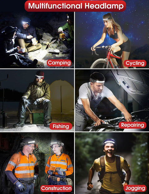 Two Pack Rechargeable Headlamp Set With LED Headlamps For Adults used in various activities: camping, cycling, and repairs