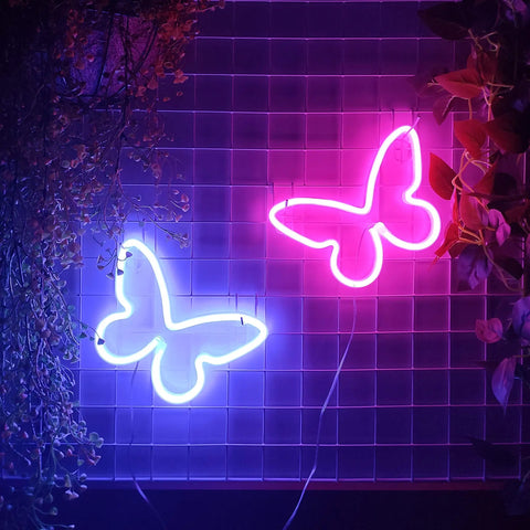 Butterfly Neon Sign LED Light USB Or 3 AA Battery Powered Pink Neon Lamp for table decor and bedroom wall accent, two colors displayed