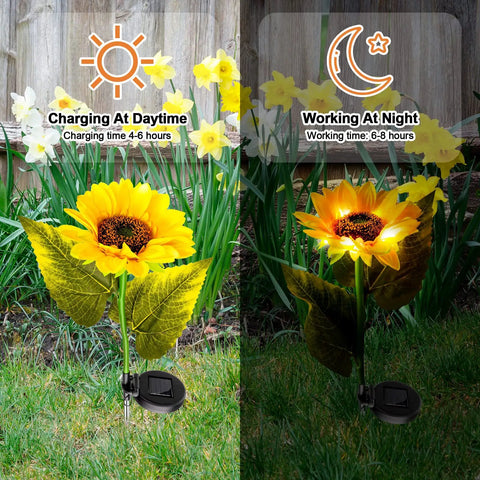 16 Pack Solar Sunflower Garden Lights Led Solar Powered Waterproof Stakes for outdoor yard decor showing daytime and night use.