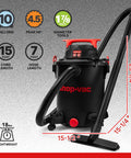 Front view of Heavy Duty 10 Gallon Wet Dry Vacuum With 4.5 Peak HP Motor And Three In One Cleaning, Includes 7 Foot Hose And 15 Foot Cord