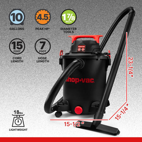 Front view of Heavy Duty 10 Gallon Wet Dry Vacuum With 4.5 Peak HP Motor And Three In One Cleaning, Includes 7 Foot Hose And 15 Foot Cord