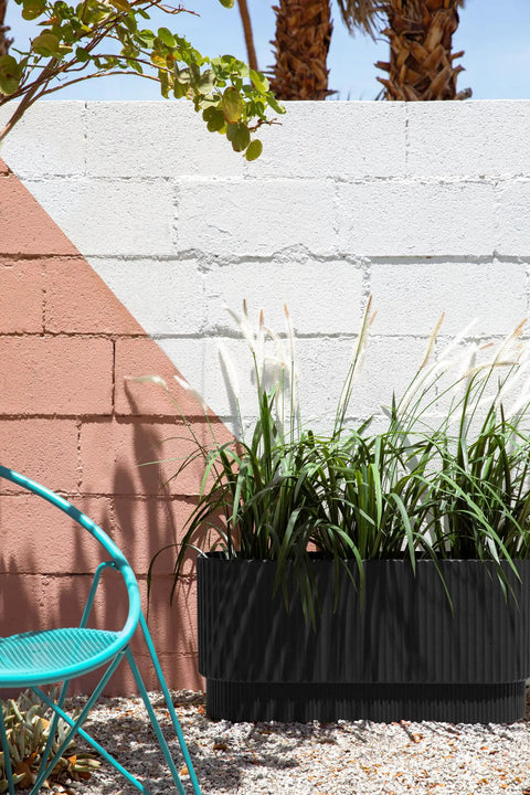 Long Planter For Porch Patio And Backyard In Durable Plastic Stone Composite Fluted All Weather Outdoor Pot with plants