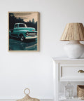 Legends Vintage Pickup Truck Wall Art Print 11x14 Inches Unframed Rustic Red Chevy Ford Decor For Living Room Or Office Classic Truck Poster With Retro Vibe And Timeless Color on wall next to lamp