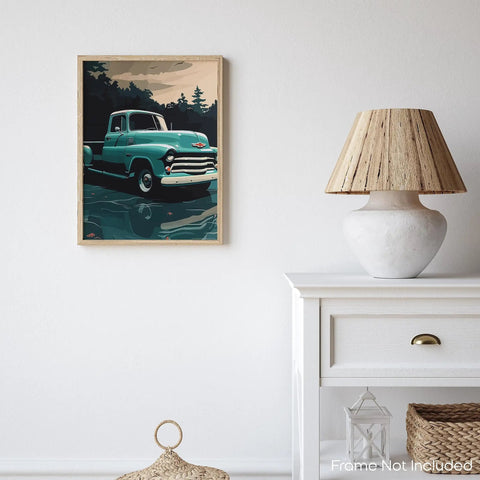 Legends Vintage Pickup Truck Wall Art Print 11x14 Inches Unframed Rustic Red Chevy Ford Decor For Living Room Or Office Classic Truck Poster With Retro Vibe And Timeless Color on wall next to lamp