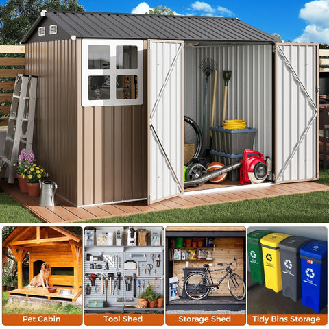 8x6Ft Outdoor Storage Shed With Clear Windows, Lockable Doors, Breathable Vent, And Metal Garden Tool Shed, Brown