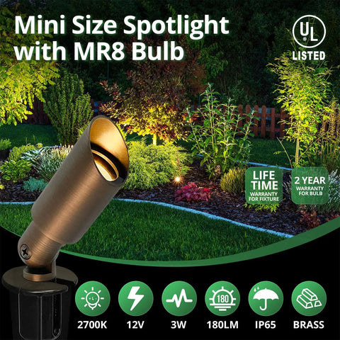 Solid Brass Landscape Spotlight With Low Voltage 12V AC DC Outdoor Uplight For Garden Patio And Trees featuring brass finish and garden setting