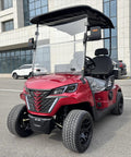 Red 48 Volt 105 Ah Lithium Electric Golf Cart With Spacious Built In Insulated Cooler, showcasing sleek design and powerful tires.