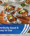 Pre Cut Pop Up Heavy Duty Aluminum Foil Sheets 14 X 10.25 Inches 150 Sheets Total Pack Of Five Boxes wrapping food on a board