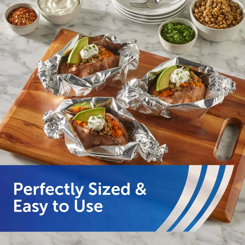 Pre Cut Pop Up Heavy Duty Aluminum Foil Sheets 14 X 10.25 Inches 150 Sheets Total Pack Of Five Boxes wrapping food on a board