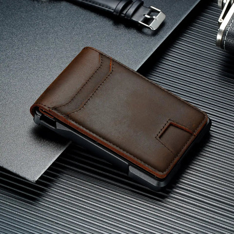 Slim Genuine Leather Wallet For Men With RFID Blocking, Minimalist Front Pocket Design, shown closed on a textured surface.