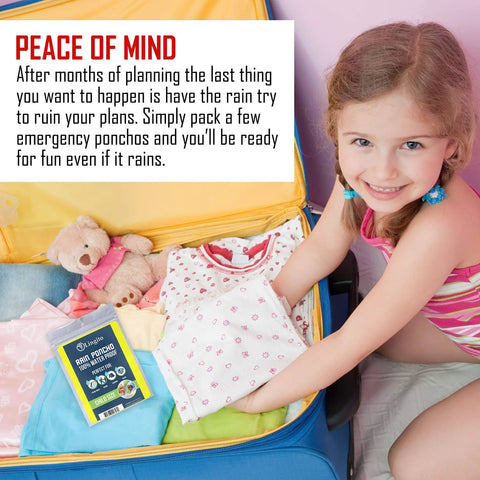 Child packing a Family Rain Poncho Set For 2 Adults And 2 Kids with backpack and clothes in a suitcase