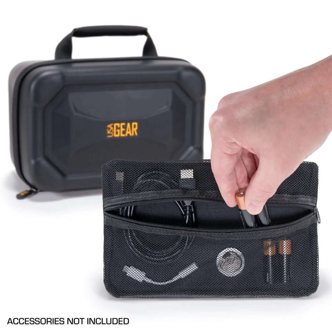 Heavy Duty Electronics Travel Crate With Custom Padded Dividers For Cables Chargers And Wireless Mouse Semi Rigid Hard Shell Case, showing organized cables.
