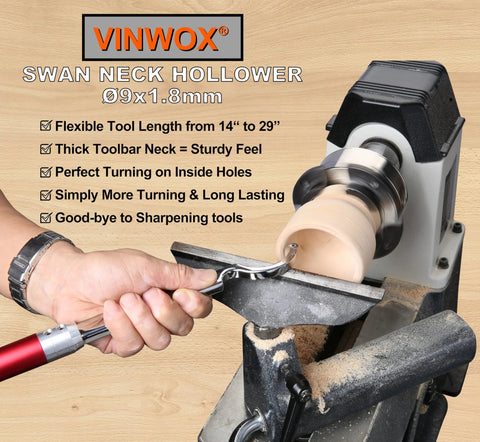 Front view of VINWOX swan-neck hollower being used on a wood lathe to hollow a spindle (carbide tool).