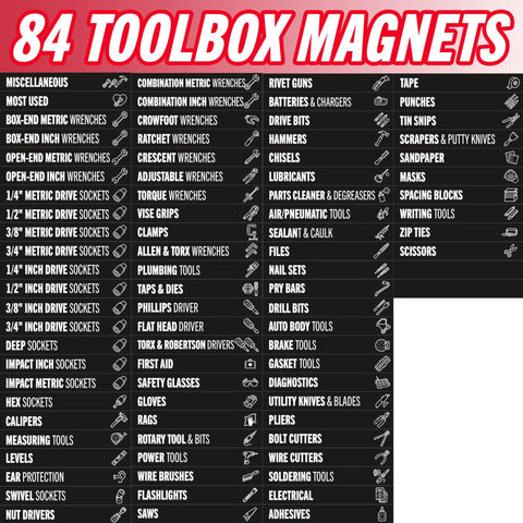 84 Piece Magnetic Tool Drawer Labels Set For Steel Tool Boxes And Cabinets Heavy Duty Slim Magnets on display board