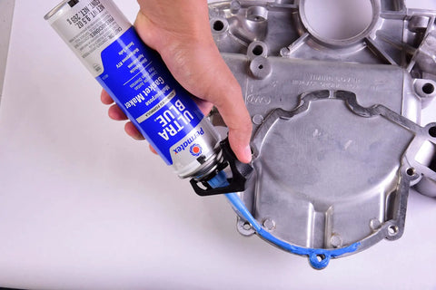 Sensor Safe Ultra Blue RTV Silicone Gasket Maker For Autos, 9.5 Oz PowerBead Can, Oil Resistant And Ultra Flexible Sealant That Handles Fluids And Vibration, Low Odor, Non-Corrosive, OEM Specified applied to engine cover