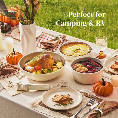 Ceramic Nonstick Pots And Pans Set With Detachable Handles on outdoor table, showcasing versatile RV cookware use with dishes.