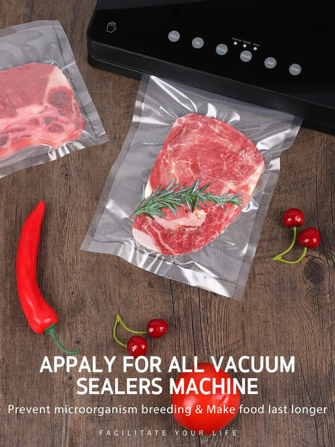 Two Rolls 8 Inch By 50 Foot Vacuum Sealer Bags For Storage, Meal Prep And Sous Vide on a wooden table with sealed meat and vegetables