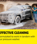 Person uses All In One Vehicle Wash And Wax Soap For Pressure Washers Heavy Duty Clean And Shine on SUV with foam coverage