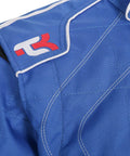 Adult Karting One Piece Cordura Suit Two Layer Cordura With Breathable Mesh Lining Blue And White Large Size Pro Grade Go Kart Racing Suit For Track Days close-up of shoulder detail