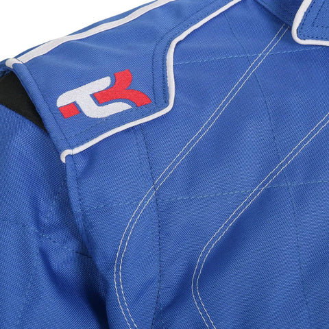 Adult Karting One Piece Cordura Suit Two Layer Cordura With Breathable Mesh Lining Blue And White Large Size Pro Grade Go Kart Racing Suit For Track Days close-up of shoulder detail