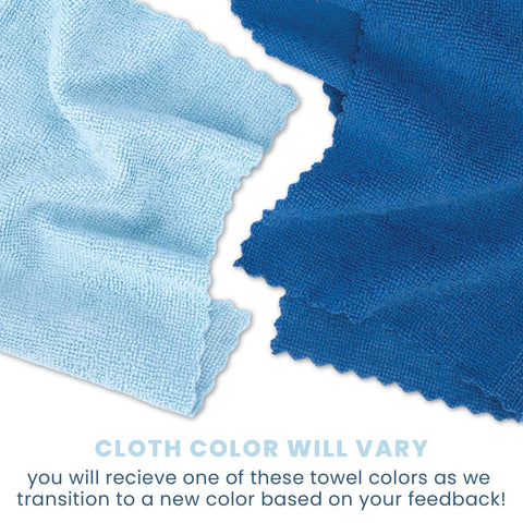 Two microfiber cleaning cloths in light blue and dark blue with textured microfiber weave.