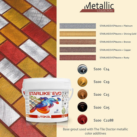 Starlike EVO 113 Neutro Epoxy Grout Base with metallic color swatches and additives for vibrant tile applications.