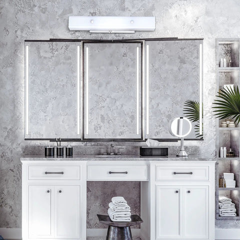 Four Light Interior Wall Fixture With Ground Convenience Outlet, White Ceramic Glass, above a bathroom mirror setup