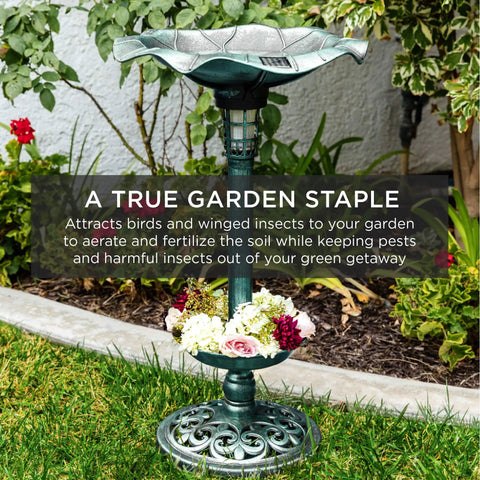 Outdoor Solar Lighted Pedestal Bird Bath Fountain With Planter And Integrated Panel, Green Garden Water Decor With Scroll Accents