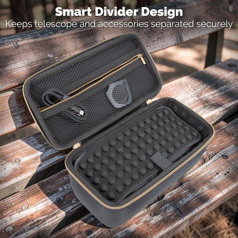 Rugged Travel Case For Mini Smart Telescope And Accessories - Drop Safe EVA Shell, Shock Absorbent Interior, Dustproof And Water Resistant, Custom Divider And Compact Carry Case For Mini Digital Astronomy Gear open with divider and mesh pocket