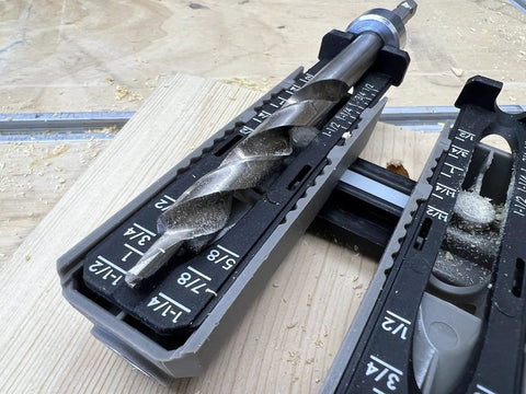 Close-up of drill bit in Twin Pocket Hole Jig Set With Adjustable Base And Magnetic Quick Adjust System for woodworking joints
