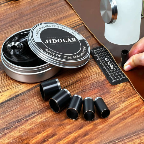 Pro Grade Leather Circle Cutter Tool Set 34-Piece Circle Punch Kit For DIY Leathercrafts With 1mm To 25mm And 30 To 60mm Sizes displayed.