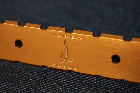 Pro Grade Fret Leveling Kit with notched straight edge for 25.5 inch F scale or 24.75 inch G scale guitars, close-up view.