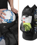 Person placing soccer ball in Heavy Duty XL Mesh Sports Gear Bag With Adjustable Backpack Straps And Front Pockets Built For Coaches On The Go.