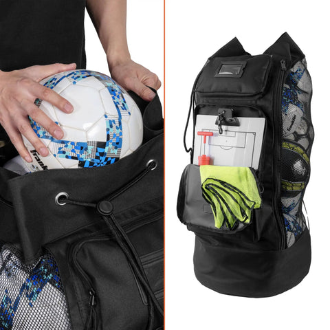 Person placing soccer ball in Heavy Duty XL Mesh Sports Gear Bag With Adjustable Backpack Straps And Front Pockets Built For Coaches On The Go.