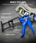 Dual Piston Brake Caliper Compressor Tool For Fast Pad Replacement Pro Grade Gear Heavy Duty Disc Brake Piston Tool For Most Cars And Trucks Easy Caliper Retraction For DIY Auto Maintenance, showing black oxide finish with blue powder coating on concrete surface.
