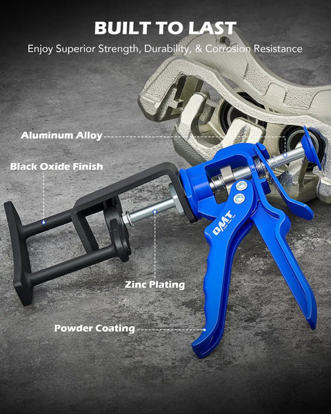 Dual Piston Brake Caliper Compressor Tool For Fast Pad Replacement Pro Grade Gear Heavy Duty Disc Brake Piston Tool For Most Cars And Trucks Easy Caliper Retraction For DIY Auto Maintenance, showing black oxide finish with blue powder coating on concrete surface.