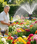 Man watering colorful garden with an adjustable oscillating sprinkler with wide coverage and timer 16 nozzles for even lawn watering