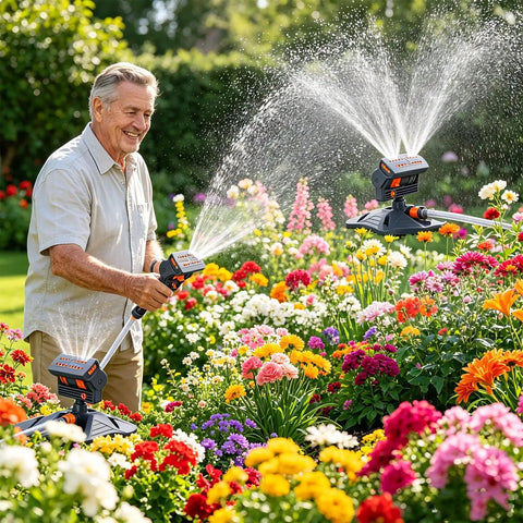 Man watering colorful garden with an adjustable oscillating sprinkler with wide coverage and timer 16 nozzles for even lawn watering