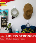 Damage Free Wall Hooks With Adhesive Strips Set Of 2 Hooks And 4 Strips, No Tools Required, holding hat, bag, and cable