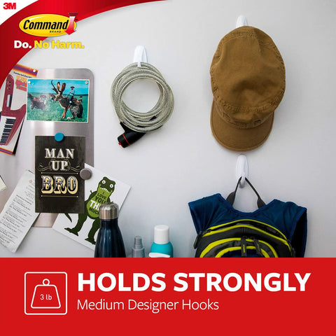 Damage Free Wall Hooks With Adhesive Strips Set Of 2 Hooks And 4 Strips, No Tools Required, holding hat, bag, and cable