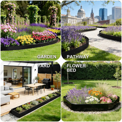 Heavy Duty Black Steel Landscape Edging Kit 20 Foot 6 Pack with Gloves 5 Inch Heavy Gauge Rounded Edge Metal Border System in garden