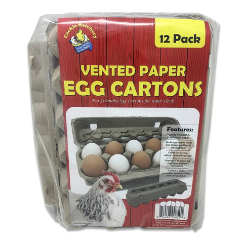 12 pack vented paper pulp egg cartons with eggs and rooster image, showcases farm fresh eggs, biodegradable and compostable