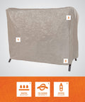 Two Seater Patio Swing Cover For Outdoor Use Heavy Duty Weatherproof Fabric Protects Your Swing And Outdoor Furniture From Rain Sun And Wind Khaki 87 Inch Long By 64 Inch Wide By 66 Inch High Fits Most Two Seaters For Patio Deck Or Porch with water resistant feature, tie down grommets, and zipper closure visible.