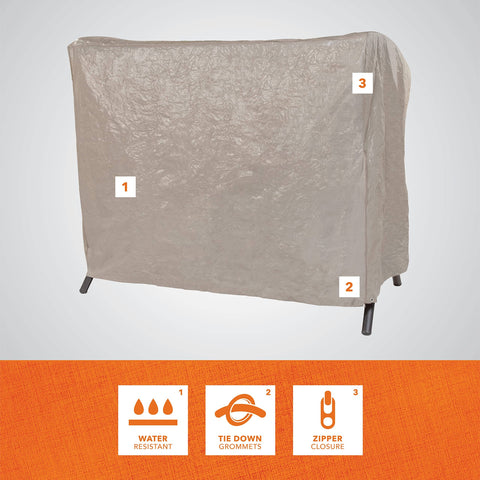 Two Seater Patio Swing Cover For Outdoor Use Heavy Duty Weatherproof Fabric Protects Your Swing And Outdoor Furniture From Rain Sun And Wind Khaki 87 Inch Long By 64 Inch Wide By 66 Inch High Fits Most Two Seaters For Patio Deck Or Porch with water resistant feature, tie down grommets, and zipper closure visible.