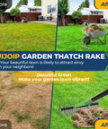 Before and after lawn with 65 Inch Thatch Rake And Garden Rake Dual Sided Sharp Steel Tines Adjustable Handle shown in use.