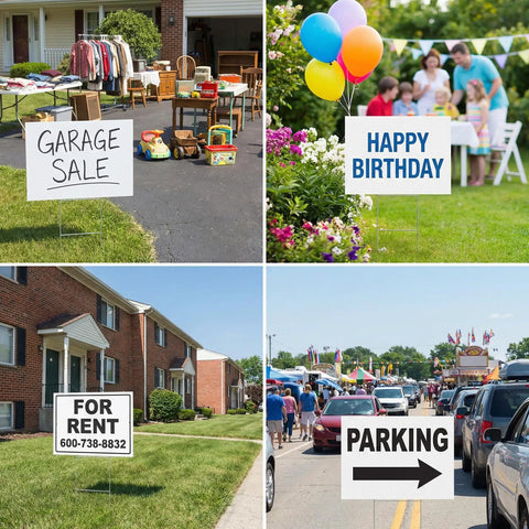 10 Pack 18x24 Heavy Duty Corrugated Plastic Yard Signs With Sturdy H Stakes For Estate Sales Garage Sales Parties Weddings Birthdays Campaigns And Parking Make Your Own Outdoor Sign Kit used for various events