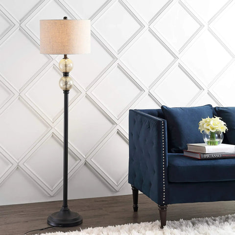 60 Inch Oil Rubbed Bronze Mercury Glass LED Floor Lamp With Grey Linen Drum Shade Classic Tall Standing Lamp For Living Room Foot Switch LED Bulb Included ETL Listed next to blue sofa.