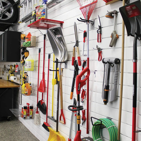 Heavy Duty PVC Slatwall Garage Organizer System 8 Ft By 4 Ft White Panels For A No-Fuss 32 Sq Ft Setup, Interlocking Slatwall Panels, Holds Up To 75 Lb Per Sq Ft, Includes Trims And Hardware For Stud Or Drywall Installation with tools organized