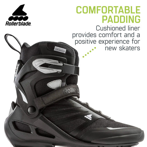 Zetrablade Mens Fitness Inline Skates For Beginners with high cuff and comfortable padded liner in black and silver.