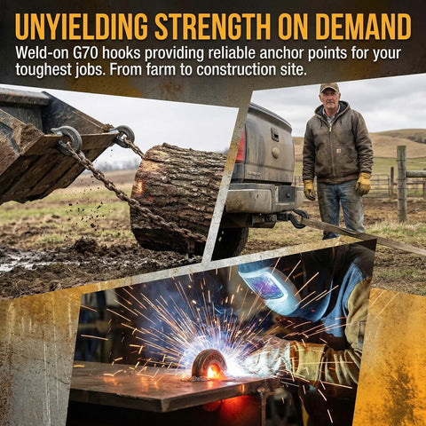Weld-on G70 grab hooks lifting a log, man standing near truck, sparks from welding. Four Pack Three Eighths Inch Weld-On Grab Chain Hooks G70 Heavy Duty Tow Lifting 6600 Lb Working Load Weldable For Bucket Flatbed Trailer Tractors Trucks Forklifts SUVs RVs UTV.